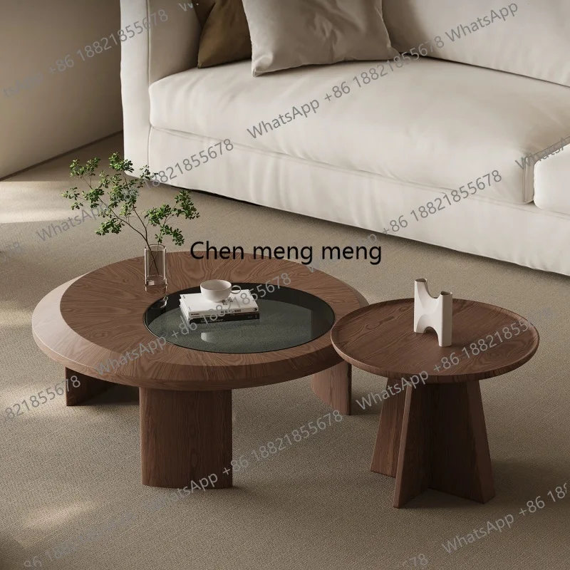 

Modern simple living room household size round coffee table combination walnut leather tempered glass smoke color