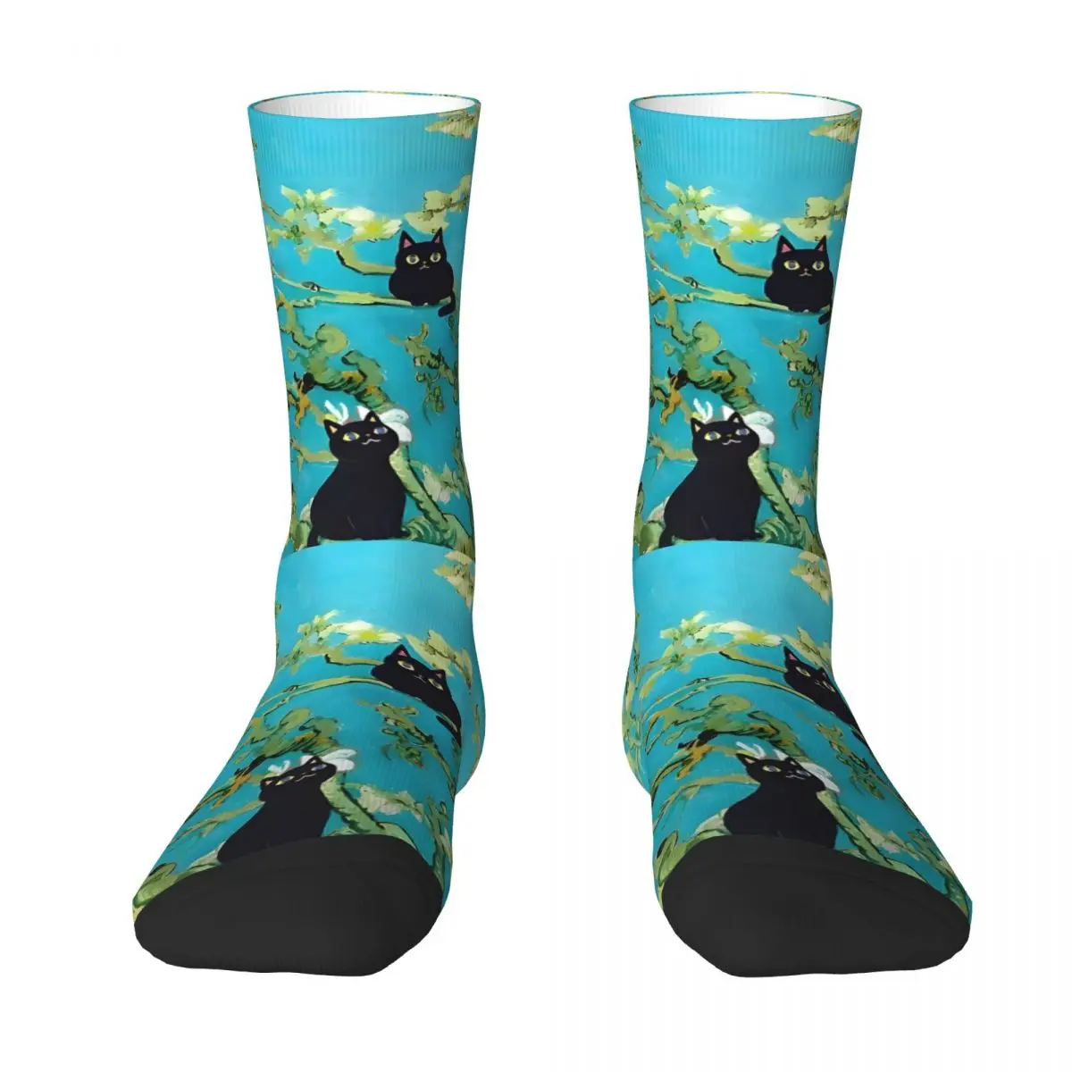 Funny Crazy Sock for Men Van Gogh Almond Blossoms Cat Hip Hop Breathable Pattern Printed Crew Sock Casual Gift