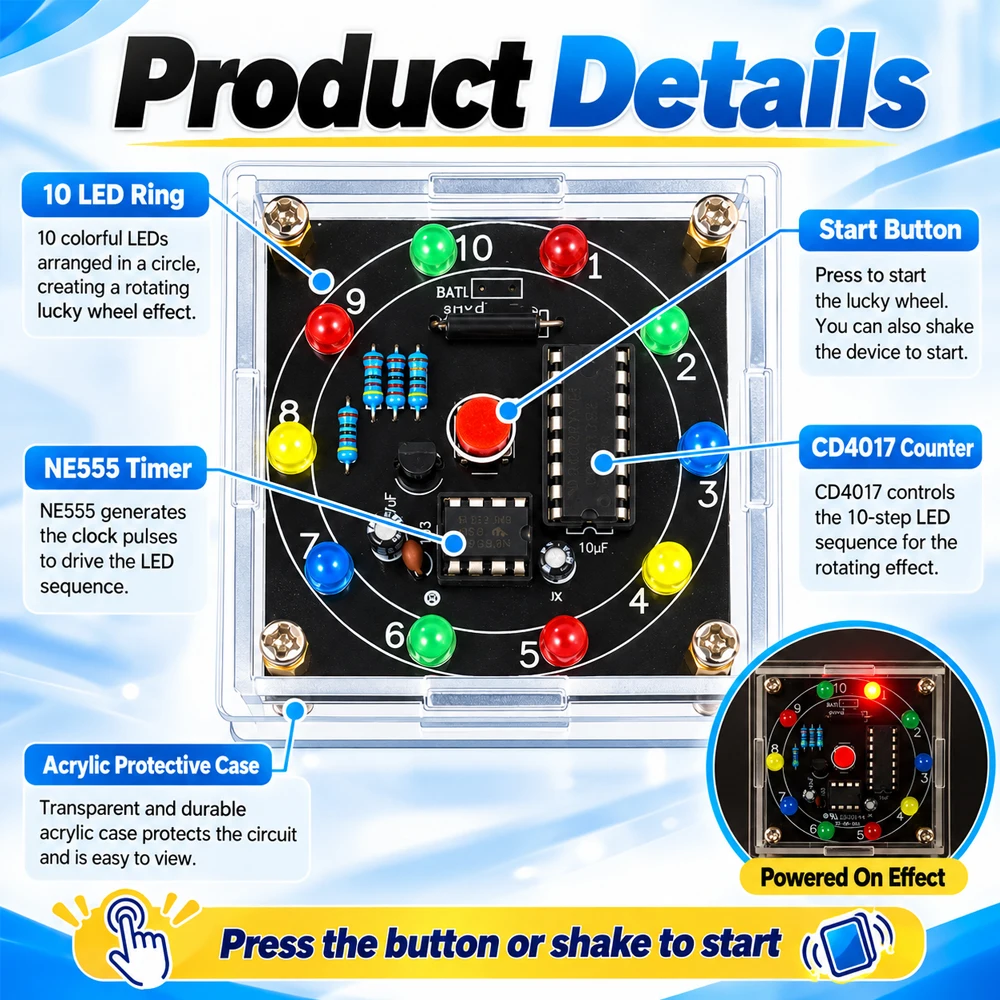 DIY LED Light Lucky Wheel Electronic Kit Electronic Dice Estimation Game DIY Soldering Kit 3Pin Output Pulse NE555 CD4017 3V