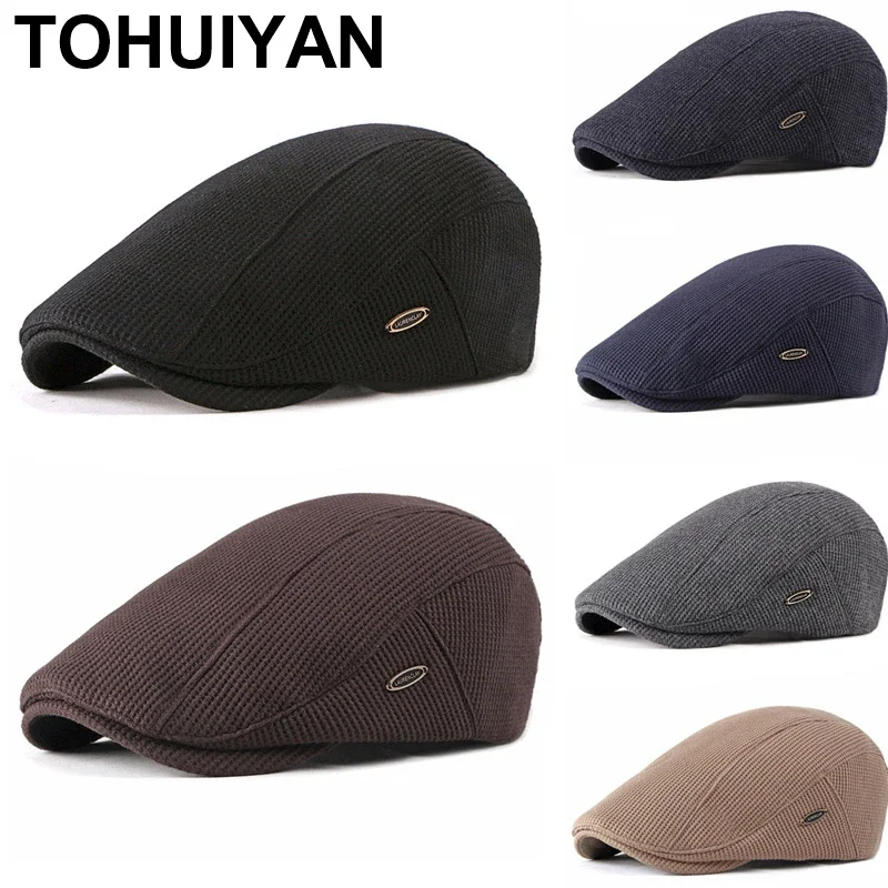 New Cold Weather Mens Hats Knitted Newsboy Duckbill Caps Outdoor Thicken Warm Forward Hat  England Style Boinas Flat Cap For Dad