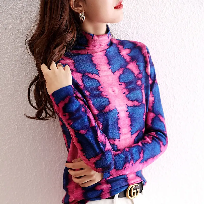 Western Style Bottoming Shirt Spring and Autumn New Ins Versatile Slim Fashion Printed High-neck Long-sleeved Sweater