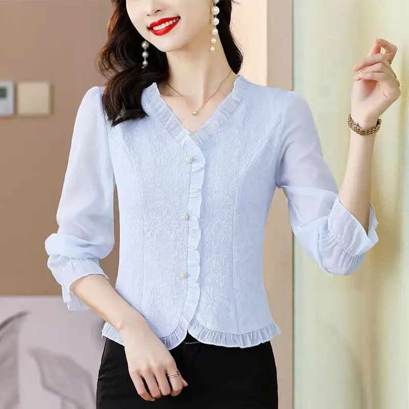 Ruffle V-neck Chic Elegant Fashion Slim Sweet Blouse Top Women Spring Autumn Casual White Blue Long Sleeve Chiffon Shirts Blusas