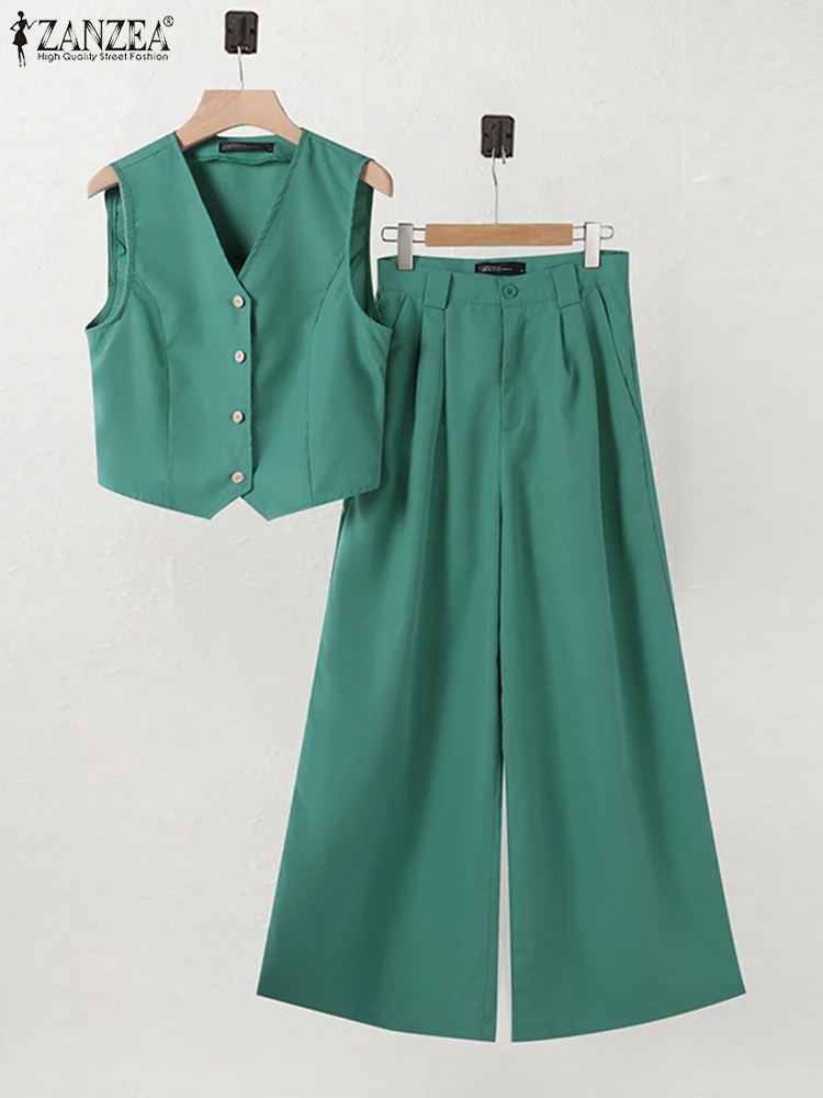 Fashion Women OL Work Pant Sets ZANZEA 2pcs Summer Blouse & Wide Leg Trousers Suits Office Solid Matching Sets Casual Outfits