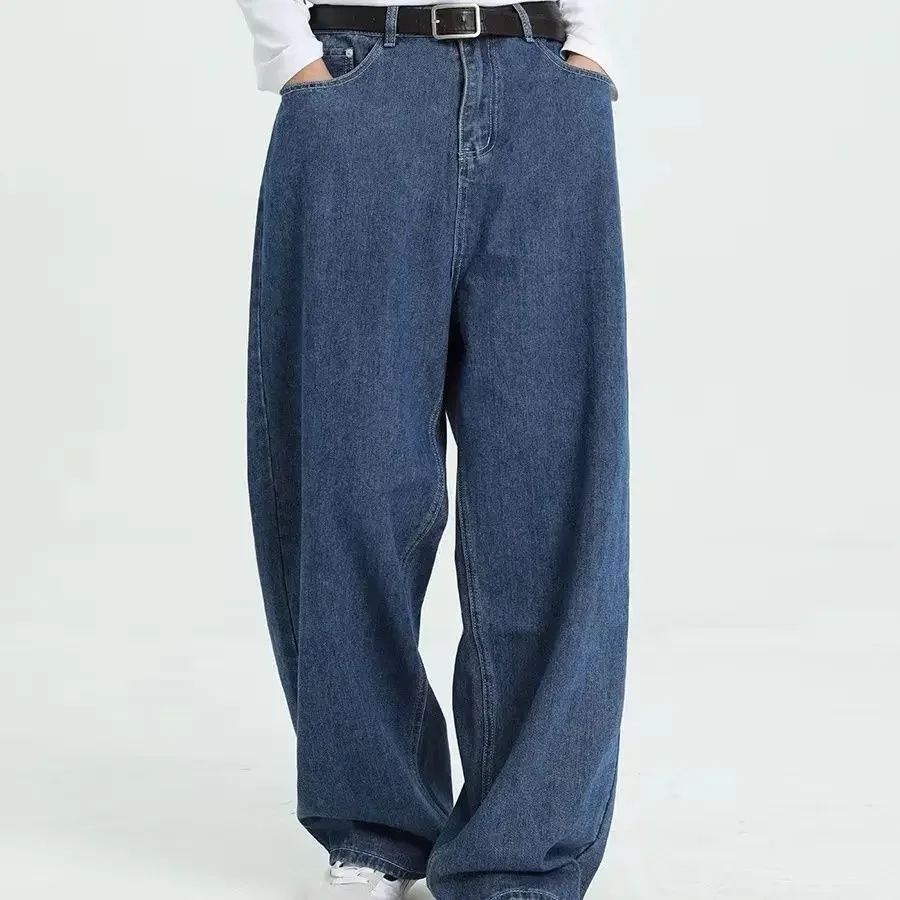 Blue Vintage High Street Wide Leg Jeans Men Loose Straight Oversize Drape Denim Pants American Style Trendy