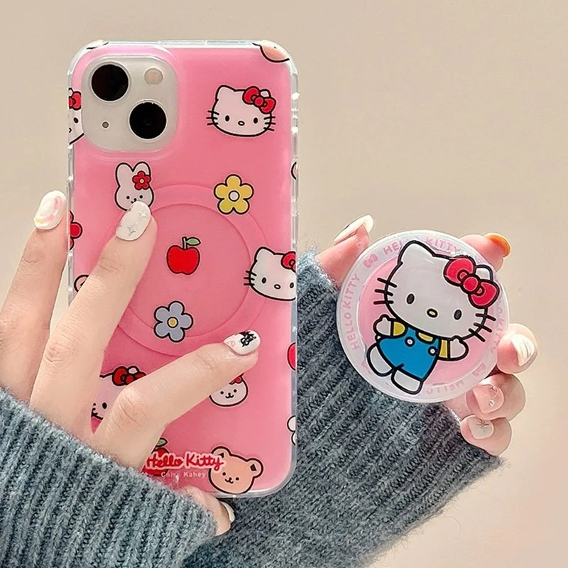 Cute Pink Cartoon Hello Kitty Magnetic Bracket Magsafe Wireless Charge Phone Case For iPhone 13 12 14 15Pro Max 11 Cover