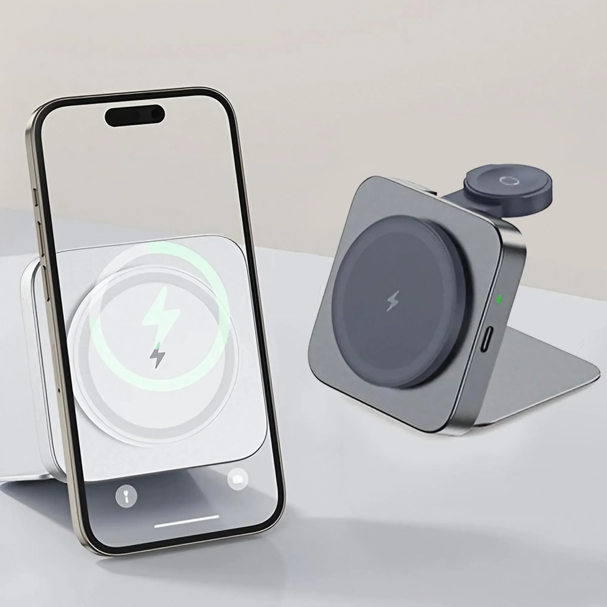 

15W Fast Wireless Charger Magnetic 2 in 1 Foldable Wireless Charging Station Fast Charging Phone Stand Portable Aluminum Magneti