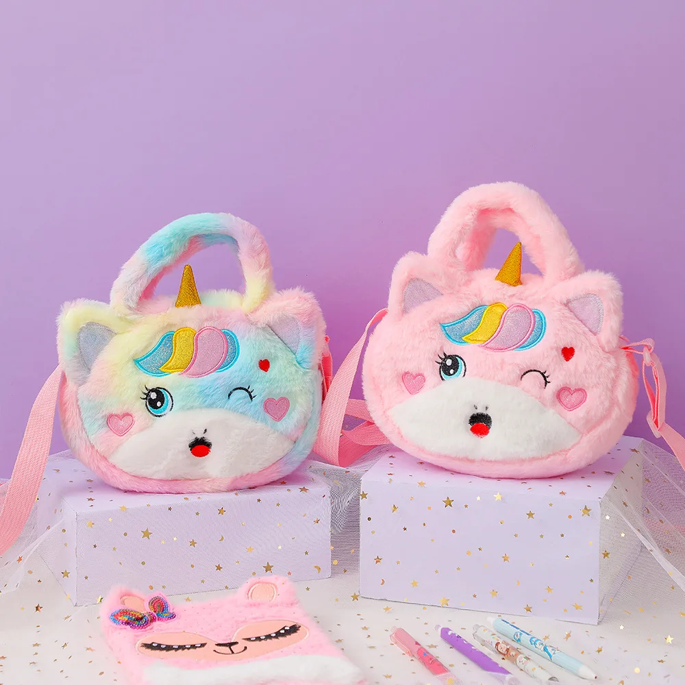 Kinder stickerei Einhorn Plüsch Spielzeug Cross body Geldbörsen und Handtaschen kleine Mädchen Regenbogen flauschige Geldbörse niedlichen Cartoon pelzigen Umhängetasche