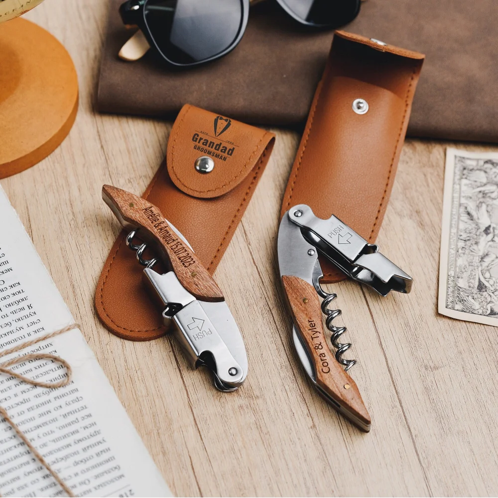 Personalized Corkscrew Groomsman Gift Engraved Wedding Favor For Best Man Leather Packaging Stainless Bottle Opener Set