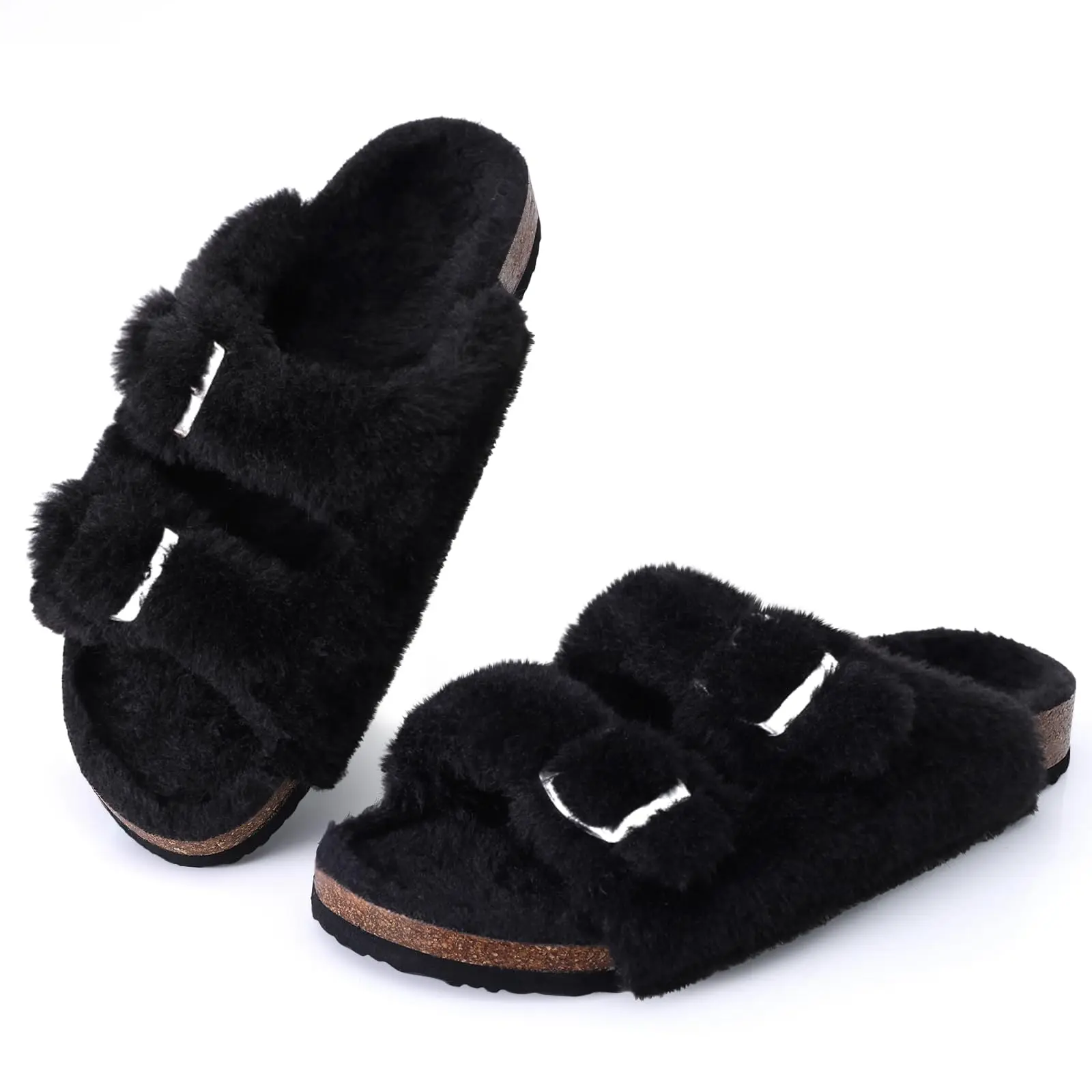 Shevalues New Fur Fluffy Slippers Women Winter Home Fuzzy Slippers Open Toe Cork Slides Female Indoor Double buckle Flat Sandals