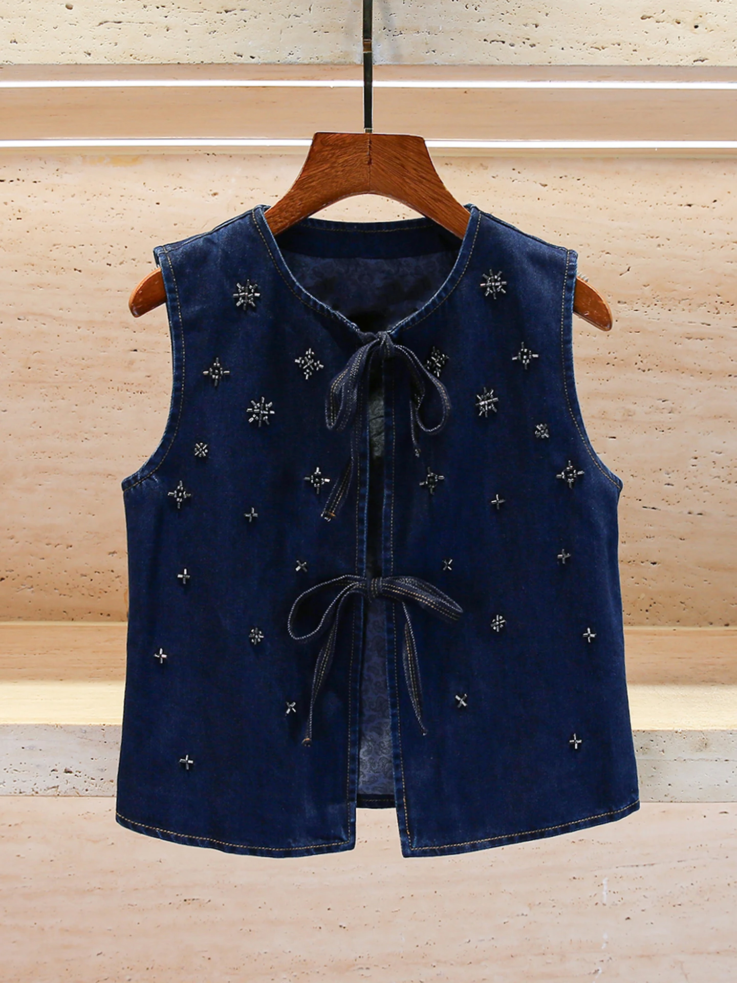 Conjunto Faion de alta gama para mujer, chaleco vaquero con cuentas, pantalones de pierna ancha, cintura alta, fibra de poliéster, redondo, Ne ort Sle