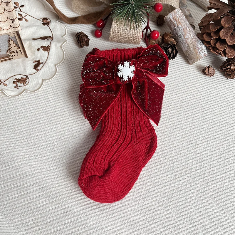 Winter Baby Girls Christmas Socks Toddler Red Woolen Knee High Kids Short Sock Soft Cotton Newborn Gift Socken For 0-5 Years