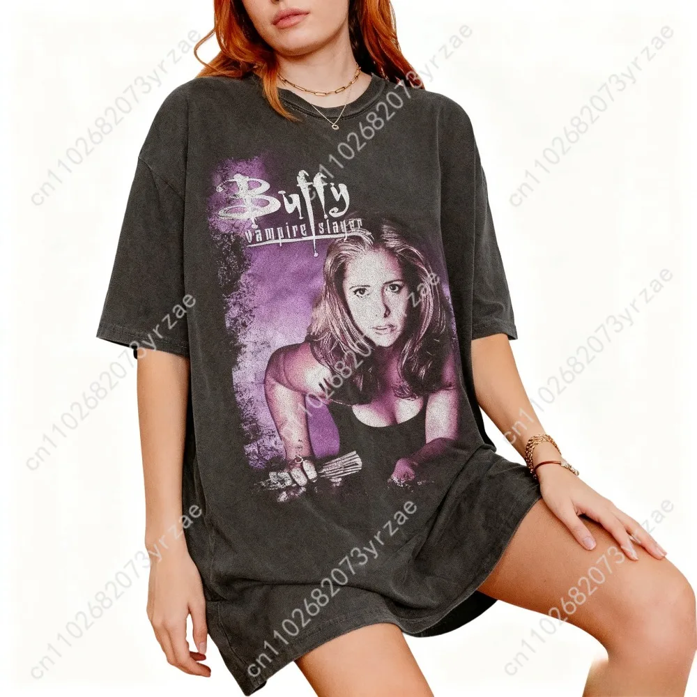 

Buffy Retro Wash Tshirt Man Woman High Quality Vintage T Shirt Cotton Short Sleeves Fashion T-shirt Soft Breathable Tops