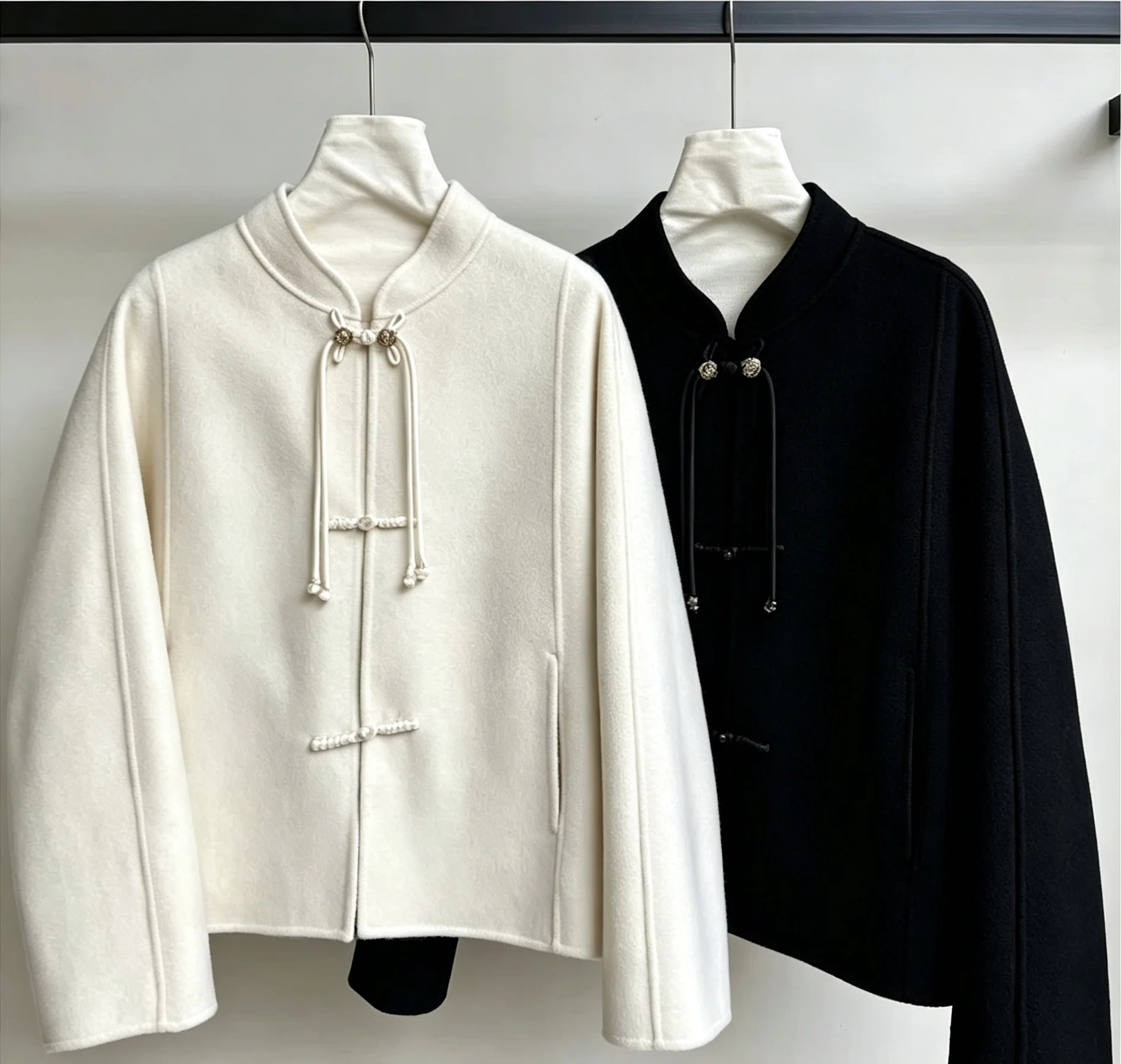 Ladies Short Double Faced Wool Coat Winter Chinese Style Stand Collar Frog Button Hand Sewn Luxury High Quality Loose Warm Outer