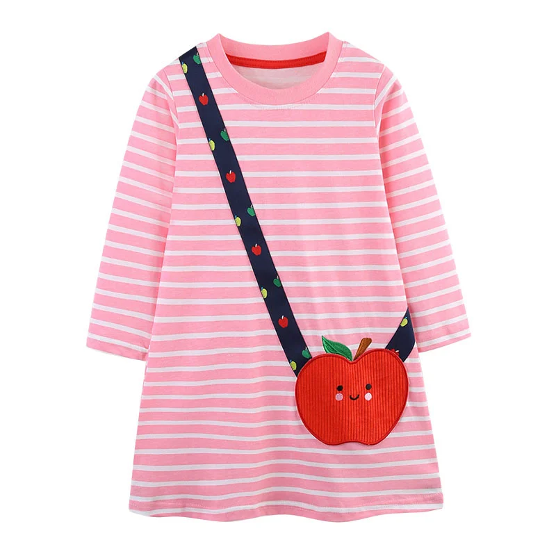 

Jumping Meters 2-7T Apple Bag Long Sleeve Baby Girls Dresses Striped Children's Clothes Toddler Party Birthday Kids Clothing