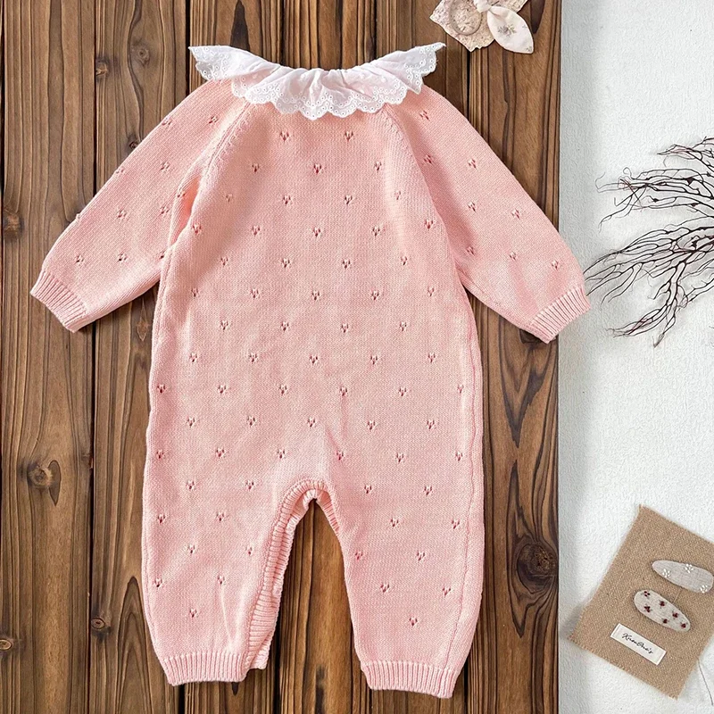 2024 New Autumn Infant Baby Knitted Romper Long Sleeved Solid Color Knitted Lace Splicing Korean Style Climbing Suit