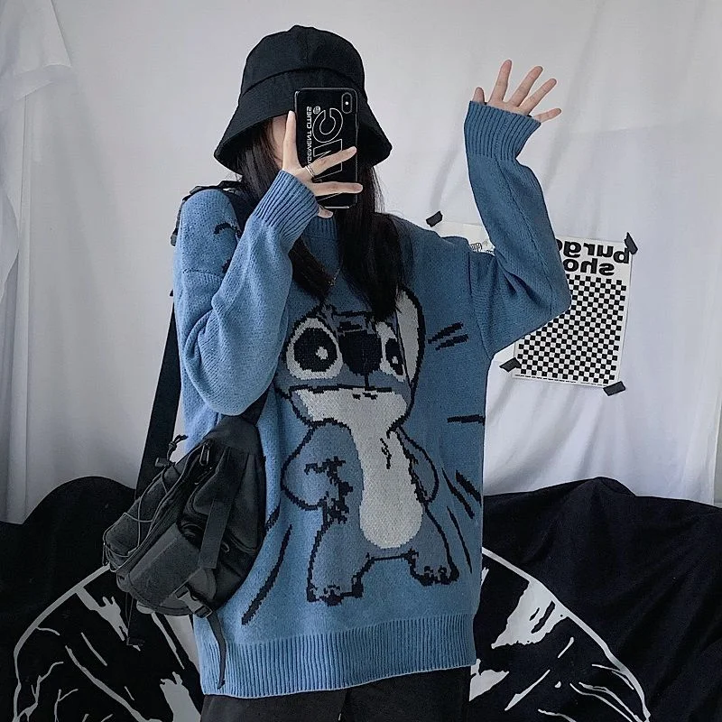 Disney Cartoon Stitch Clothes New Knitted Sweater Women Korean Style Harajuku Loose Sweaters Y2k Female Streetwear Top Pullovers