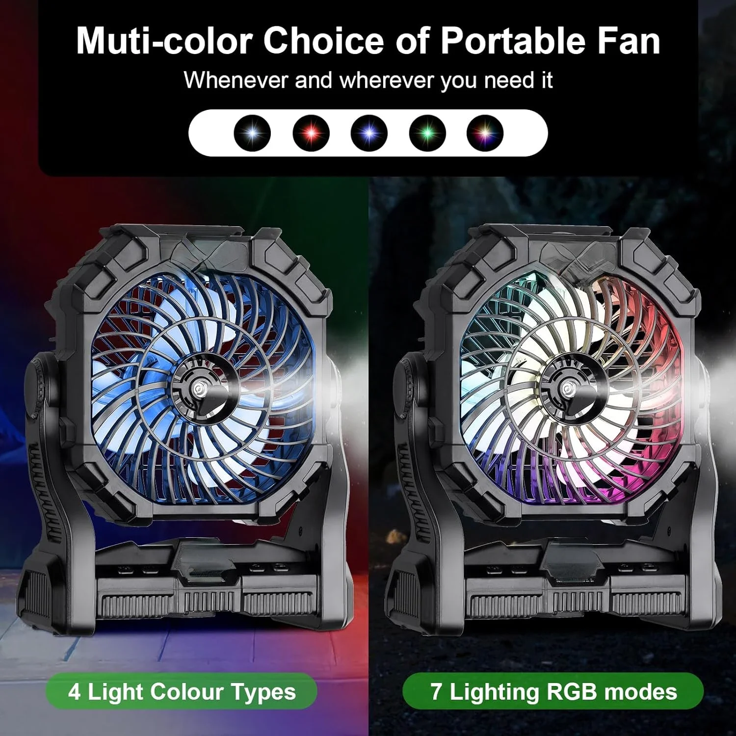 Ventilador de refrigeración portátil para exteriores con luz RGB colorida, batería recargable y tanque de 250ML para viajes de Camping y senderismo, alimentación USB