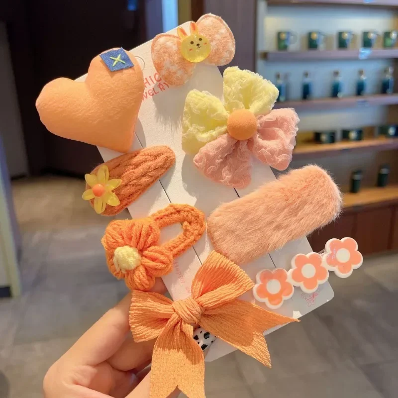 Cute Colorful Plush Hairpins 8/9pcs/Set Knitting Flowers Plaid Fruits Barrettes Hair Clip for Kids Child Hair Accessories Sets