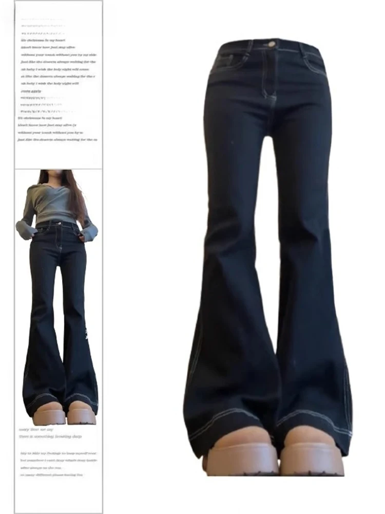 

plus Size American Retro Slimming Bootcut Pants Women's Spring New Pocket Embroidery Fat MM Slimming Hoof Pants