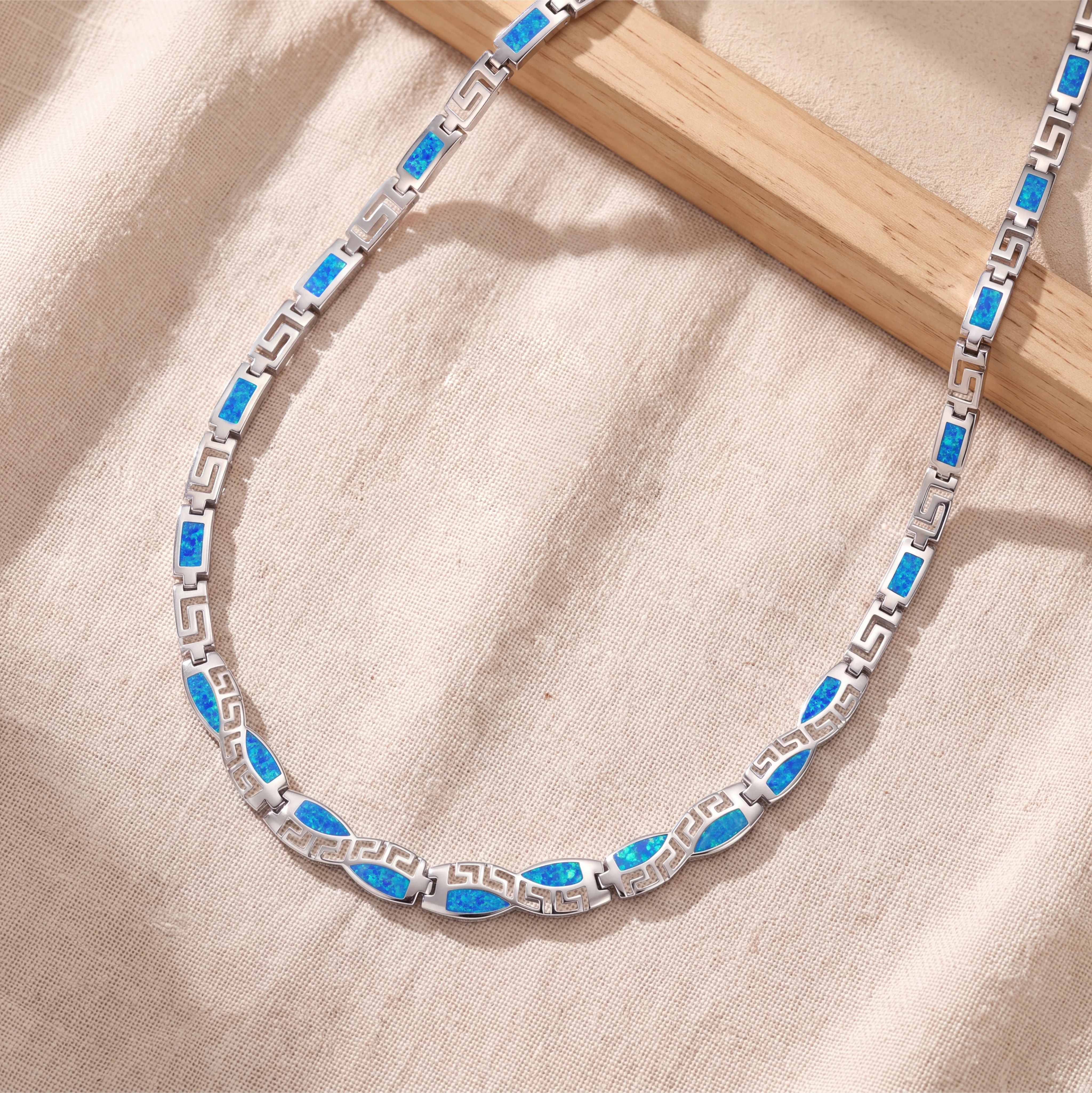 Greek Vintage Meander Choker Necklace for Women Inlaid Blue Opal Continuous Geometric Link Collar Chain Dainty Everyday Jewelry