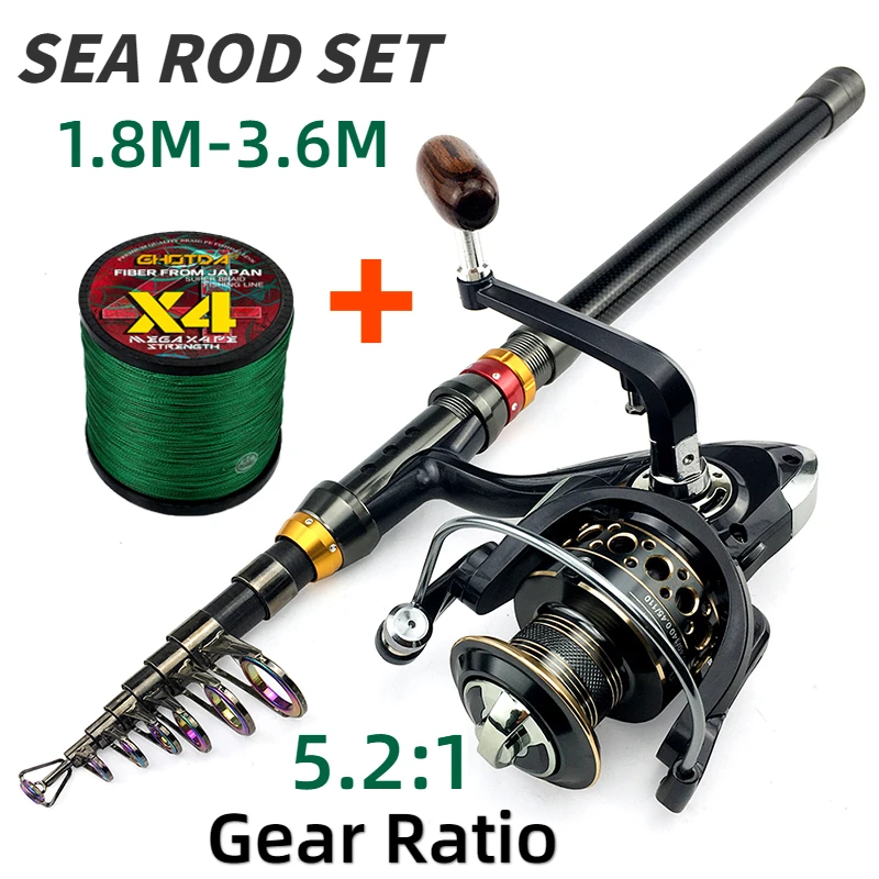 1.8-3.6M Telescopic Sea Fishing Rod Combo Portable Travel Carbon Pole and 2000~5000 Series Baitcasting Reel with PE Line Kits