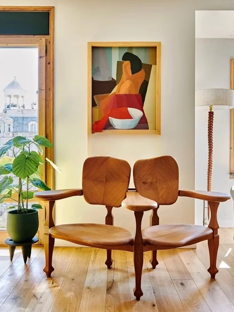 

Medieval teak solid wood double carved chair retro designer simple desk chair Italian armchair