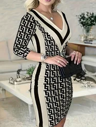 Spring Autumn Houndstooth Print Patchwork Party WomenSexy V-Neck Bodycon Dress Casual Long SleeveMini Dress Women  Vestidos