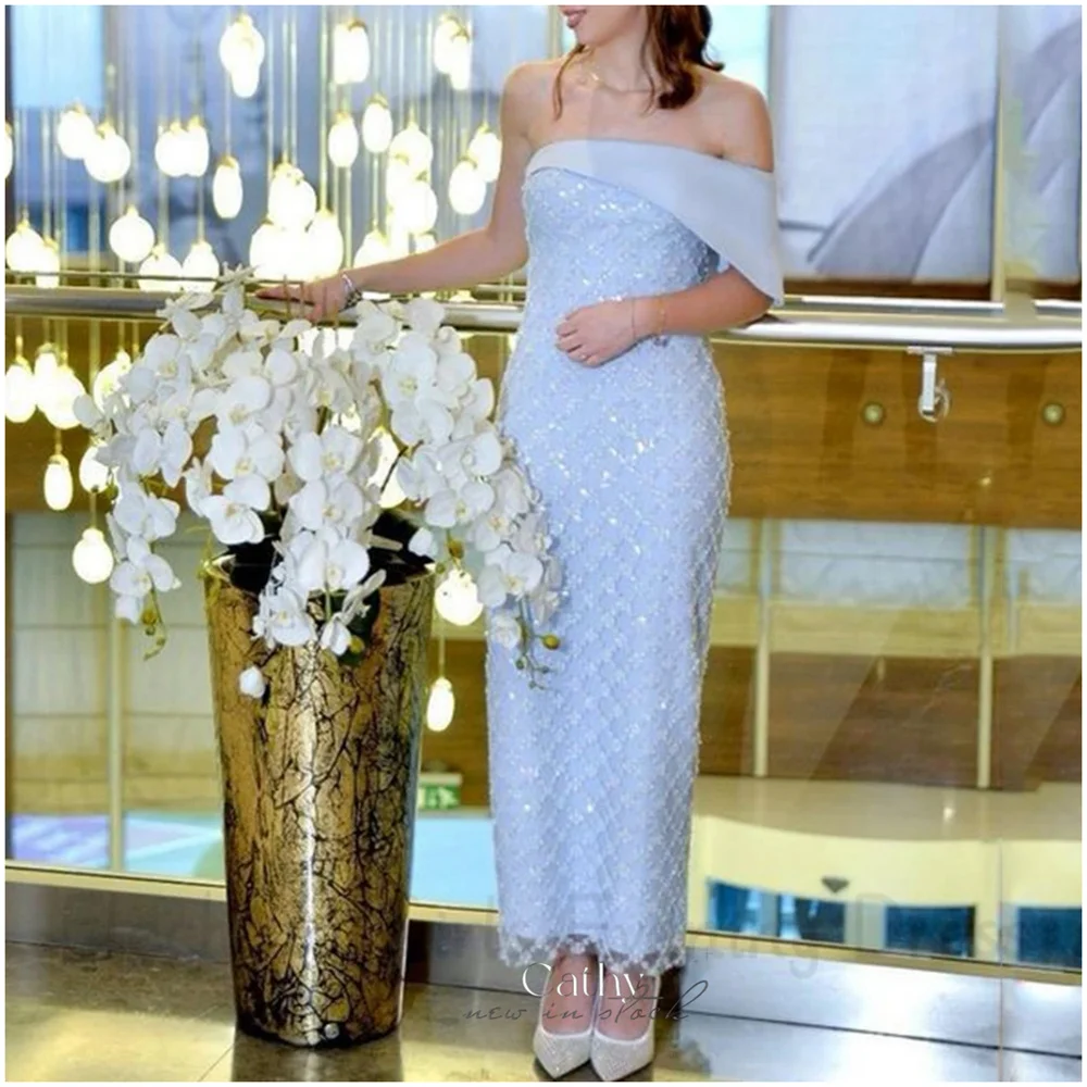 فستان كاثي مخصص غمد فاخر لامع بدون أكمام للحفلات الراقصة بكتف واحد من vestidos de noiva بطول الكاحل فساتين سهرة رسمية 2025