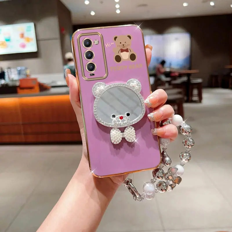 Camon15 Camon18 Bow Bear Mirror Pearl Strap Bracelet Plating Phone Case On For Tecno Camon 15 16 18 19 Neo Stand Back Cover