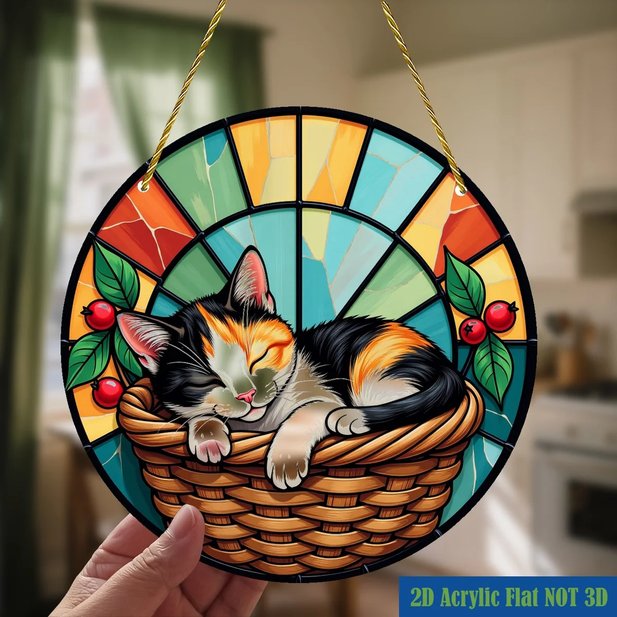 Acrylic Painting Stained Glass Style Sleeping Calico Cat in Wicker Basket with Red Berries Plastic Window Hanging Suncatcher, 2D
