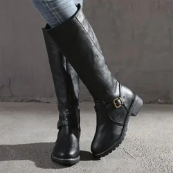 Comemore Women Leather Knee High Boots Women's Buckle Long Knight Boots Female Casual Boots Women Low Heels Shoes Plus Size 43