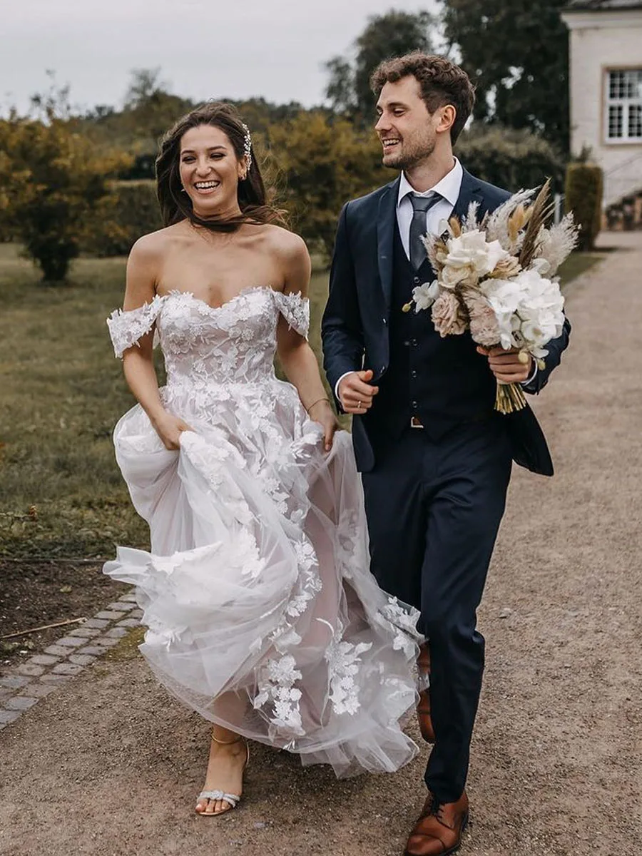 Vestido De novia Formal con escote Corazón y hombros descubiertos para mujer, traje De tul con apliques, corte en línea, hecho A medida