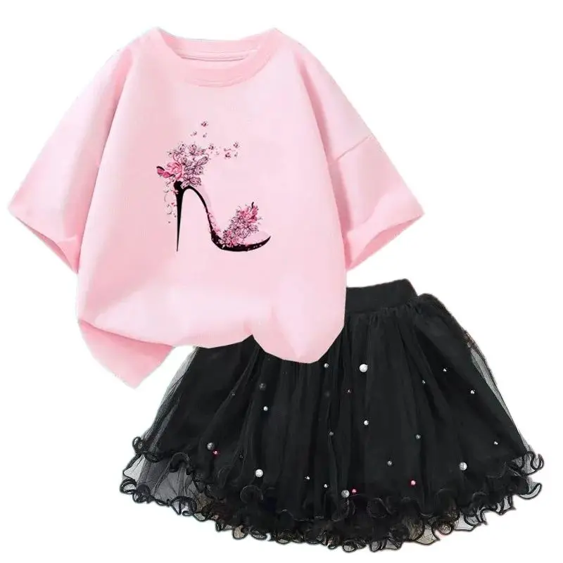 Summer Girls Fashion Clothing Sets Party Clothes Butterfly High Heel Print T shirt +Tutu Skirt 2pcs Outfits