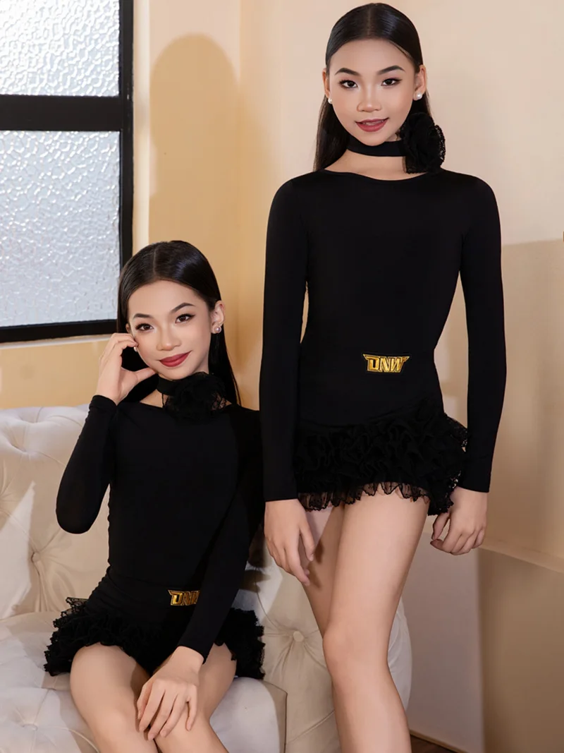 어린이 소녀 라틴 댄스 의상 긴 소매 바디수트와 케이크 스커트 어린이 대회 공연 연습 댄스웨어