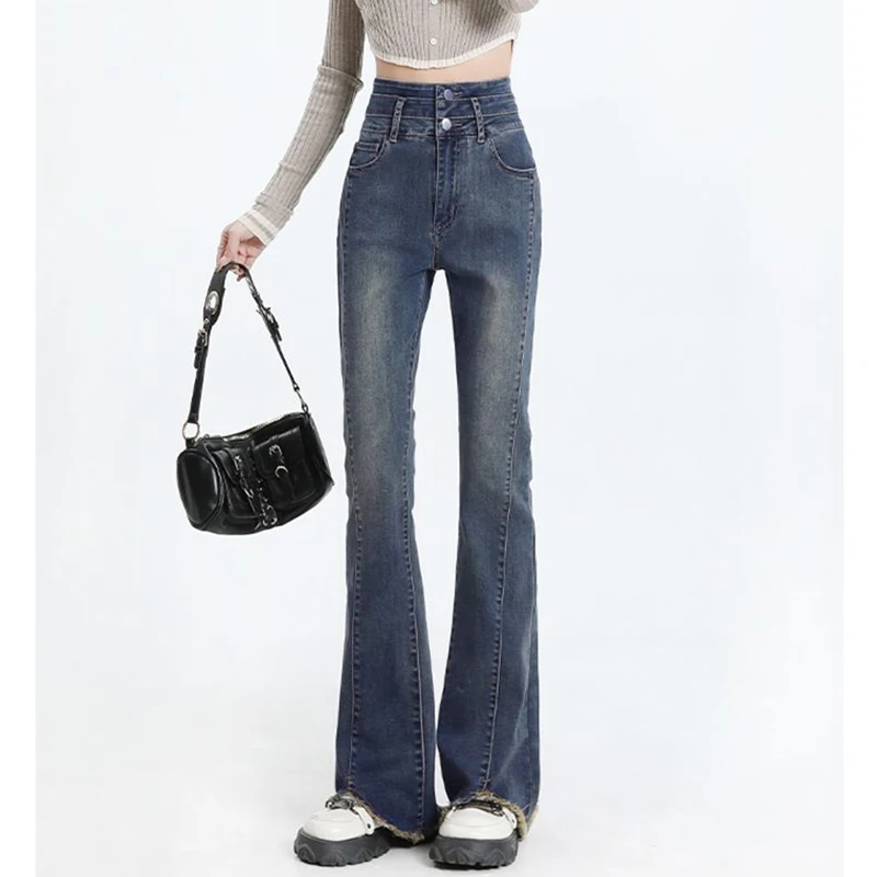 Hot Sale Female Retro Thin Straight Leg Jeans Girls Raw Edge High Waist Denim Pants Lady Fashion Solid Color Trousers