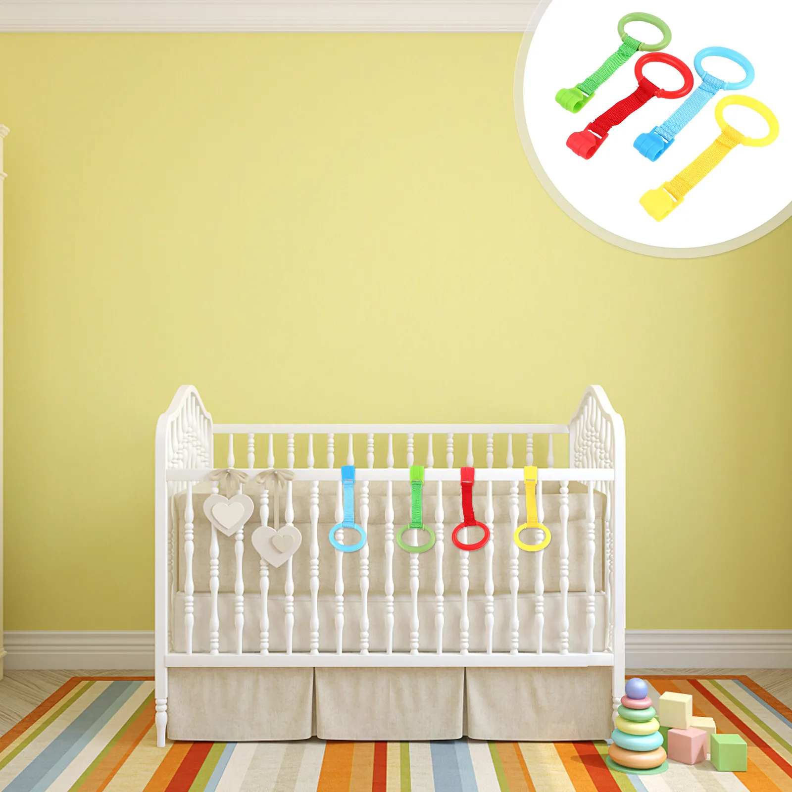 

4Pcs Toddler Hand Pull Ring Sturdy Infant Standing Helper Safe Non-Toxic Material for Crib Bed Multiple Usage Scenarios