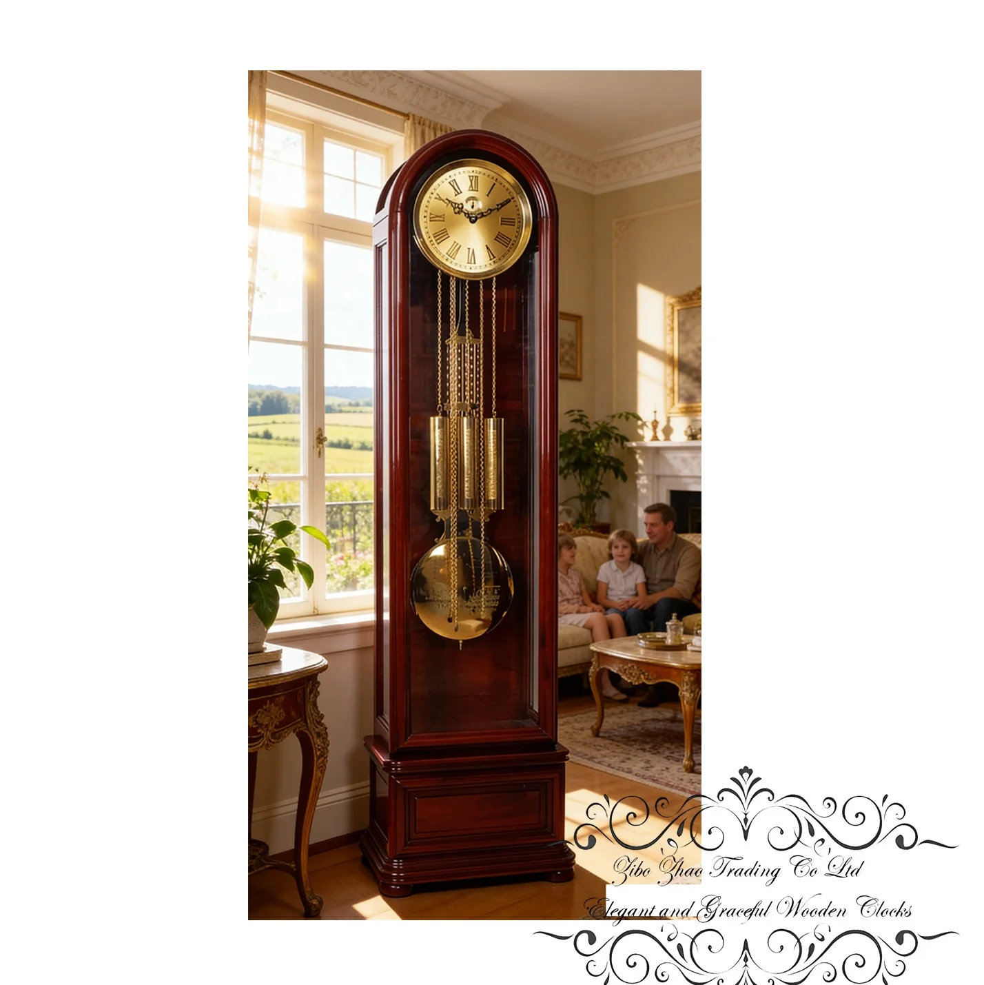 Solid Wood Bezel Grandfather Clock Floral Inlay Crown Base French Country Design Hermle Mechanical Movement Moonphase Arched