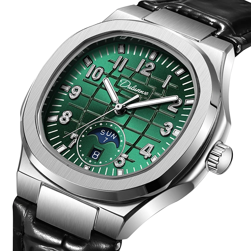 Dulunwe Luxury Men Self Winding Wristwatch mechanical Octagonal  Case Green Dial Moon Phase Day Date Business Watch