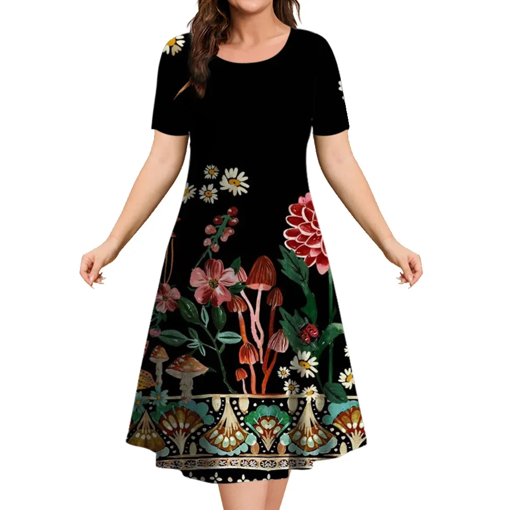 2024 New Floral Graphic Print Women's Dresses Elegant Short Sleeve O-Neck Loose Mini Dresses Summer Plus Size Female Clothing