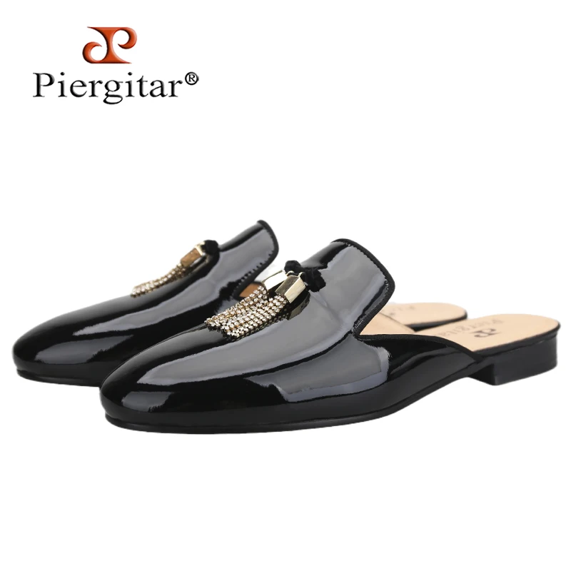 

Piergitar, летние новые стильные черные мужские сабо из лакированной кожи с шнурком ручной работы, тапочки без шнуровки с кисточками из бисера, кожаная стелька