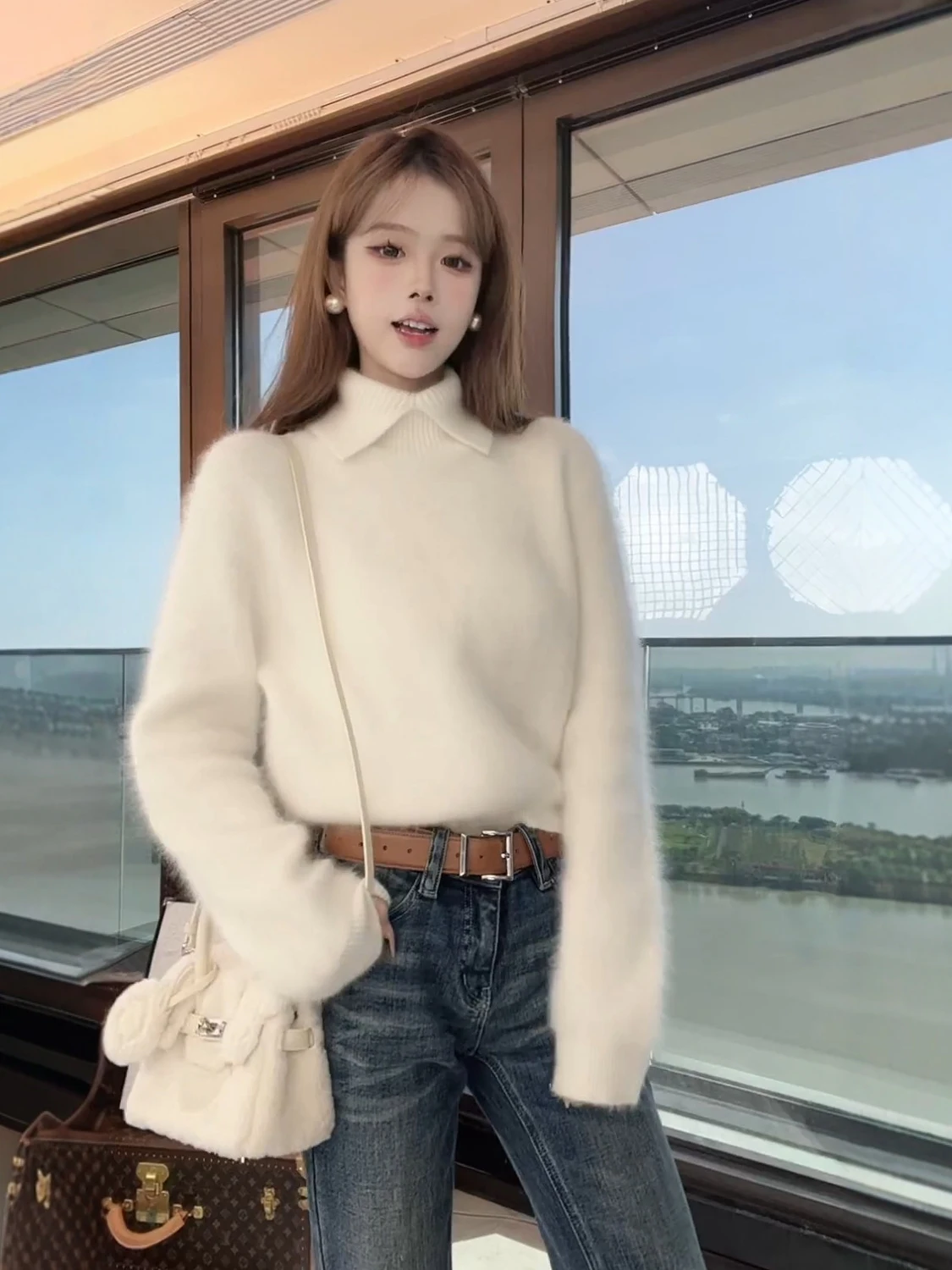 

Женский вязаный свитер с высоким воротником Ele Lazy Sle, белый, осенне-зимний, новинка, облегающий, топ