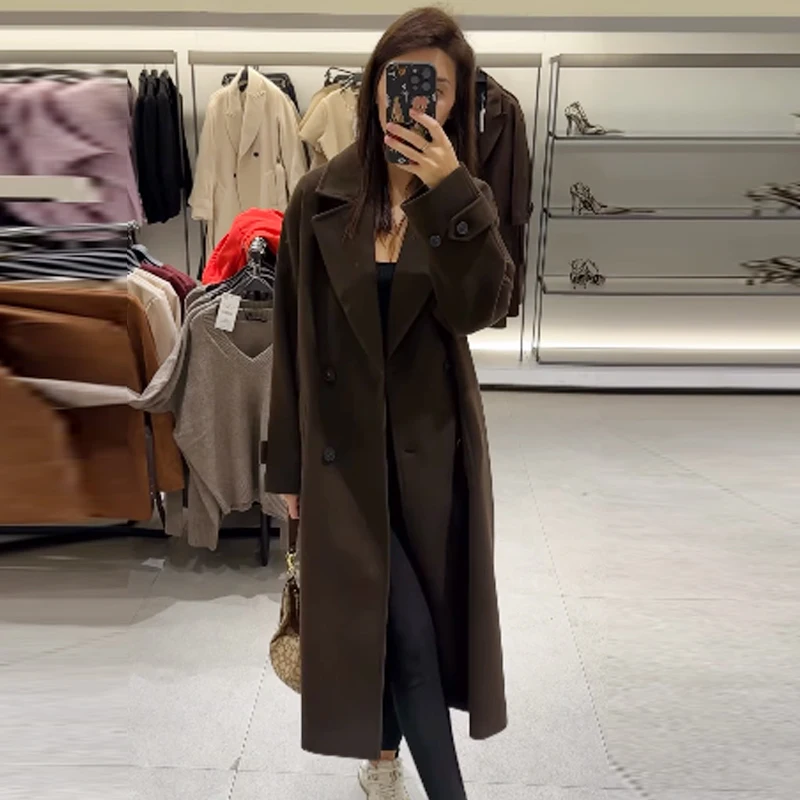 معطف نسائي من HXAO مصنوع من صوف التويد البني ومعاطف يمزج ملابس خارجية للموسم الديمي معطف طويل كبير الحجم معاطف نسائية بأكمام طويلة