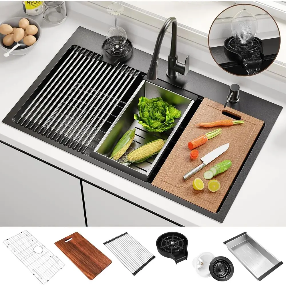 Fregadero de cocina de 33x22 pulgadas, negro, de acero inoxidable, de 16 calibre, de un solo tazón, tipo estación de trabajo, de lujo, de montaje superior, con 6 ac.