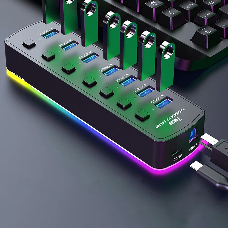 RGB USB 3.0 Hub 7 Ports Data Port Adapter 5Gbps High Speed Individual On/Off Switch Splitter USB Extension Docking Station