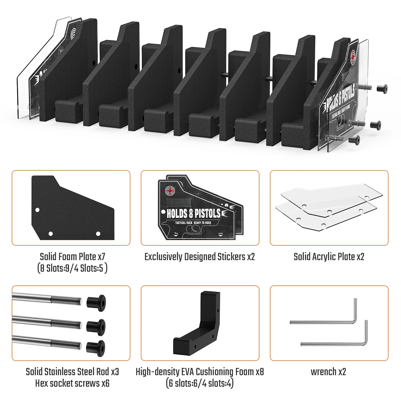 Stackable organizer for all pistol sizes, in 4/6/8 slots. EVA foam protection. Fits safes, cabinets, closets.