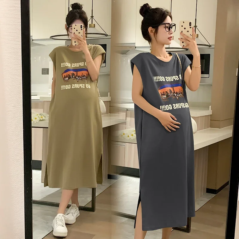 Side Splits Loose Straight Dress 2024 Summer Casual Printed Cotton Maternity Long Tees Clothes for Pregnant Women 3XL Pregnancy