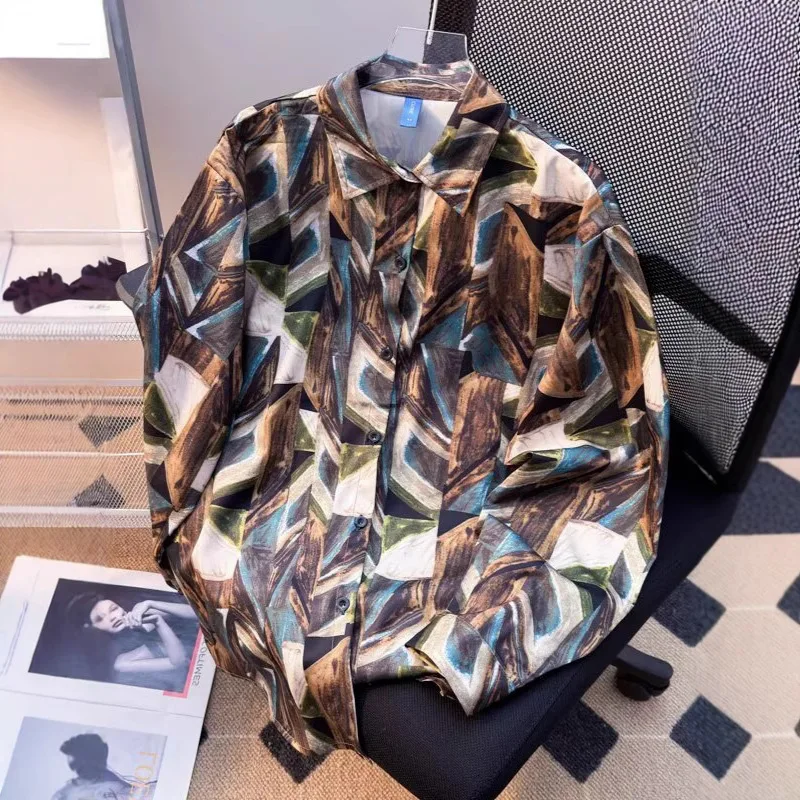 

Spring Autumn Fashion Men's Casual Trendy Printed Loose Turn-down Collar Long Sleeve Breasted Vintage Shirts Male Clothes Tops
