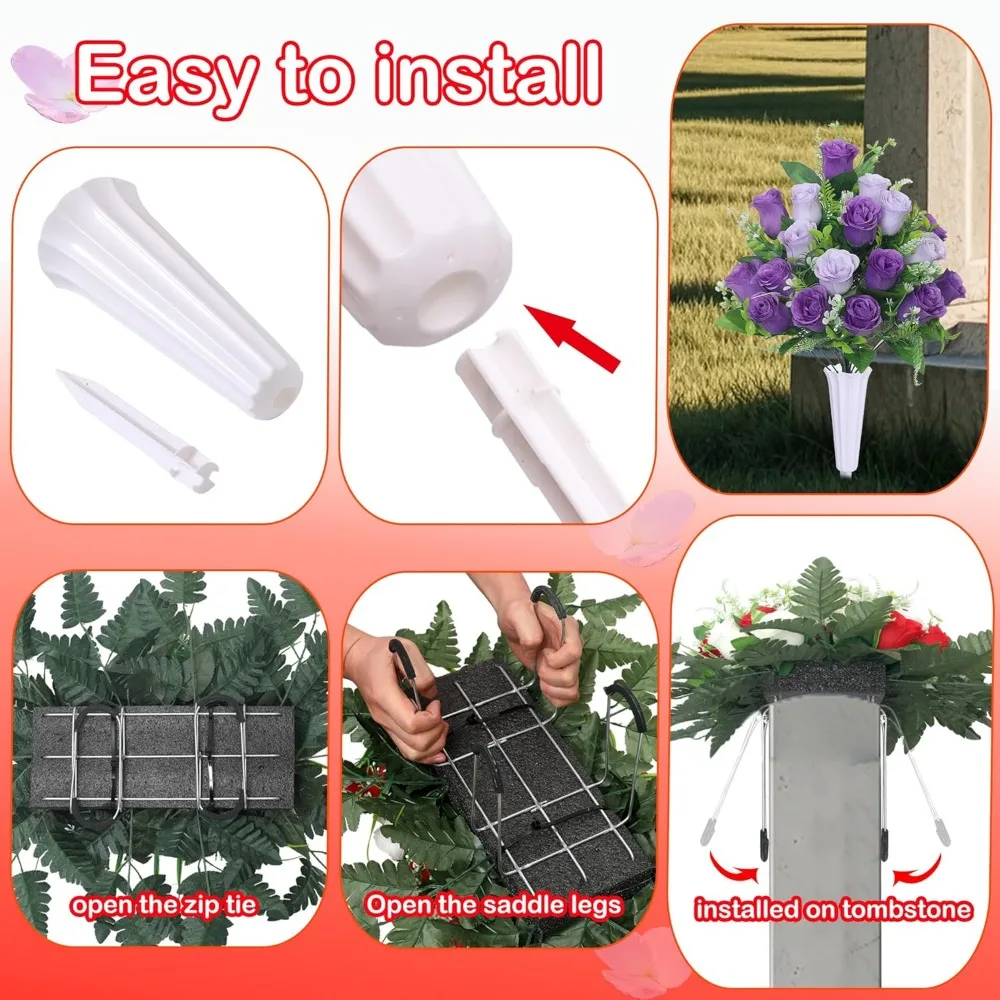 Purple Cemetery Memorial Rose Headstone Flowers with Vase for Tombstone Decoration