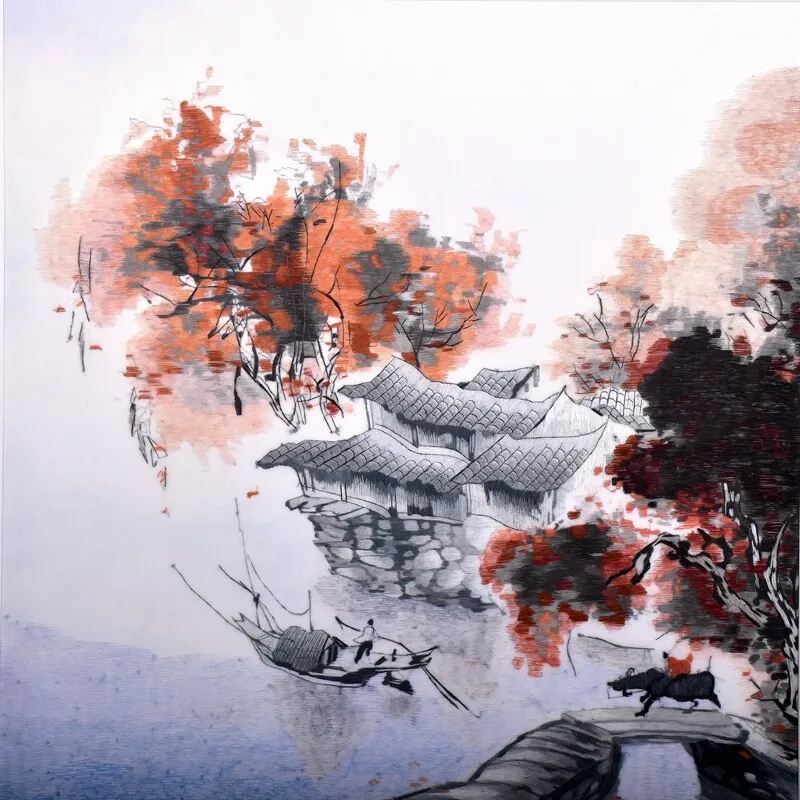 Suzhou Silk Embroidery Kit for Beginners, Jiangnan Water Town Scenery DIY Craft Set with Pre-Printed Fabric and Silk Threads
