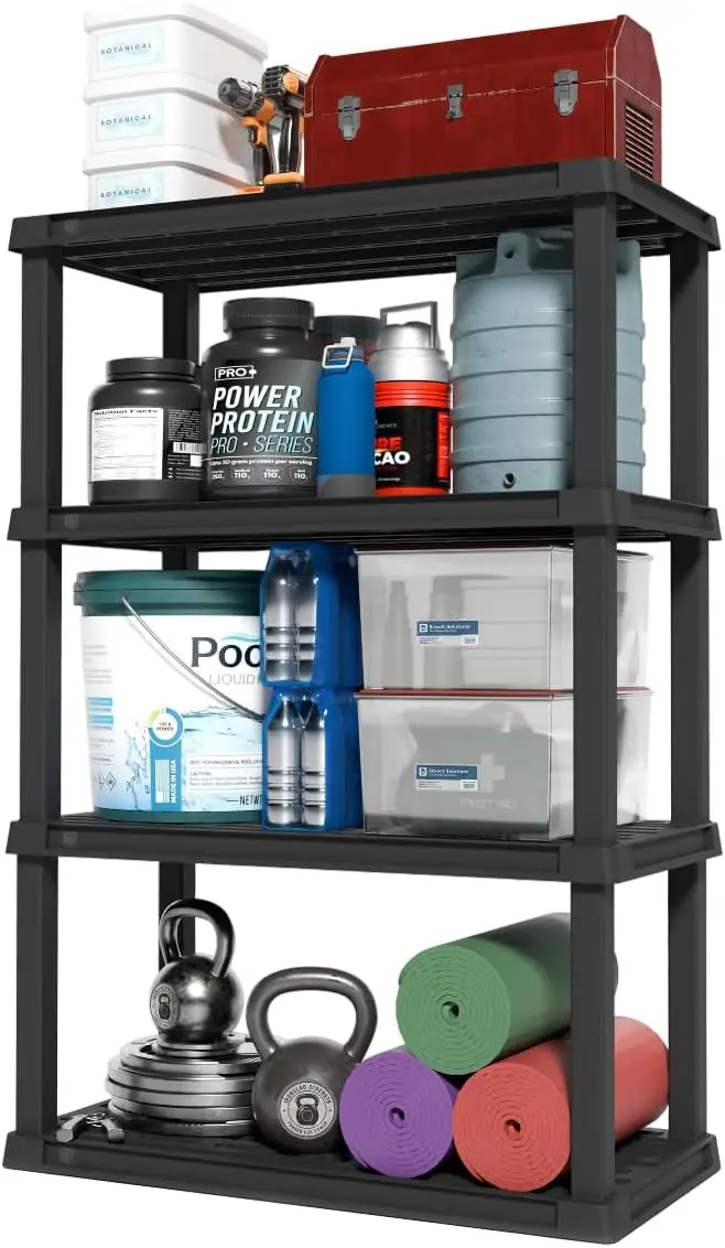 

Heavy Duty Plastic Storage Shelves, 600lb Capacity, 56"H x 36"W x 18"D, Modular Organizer for Garage Home Warehouse Gym - Black